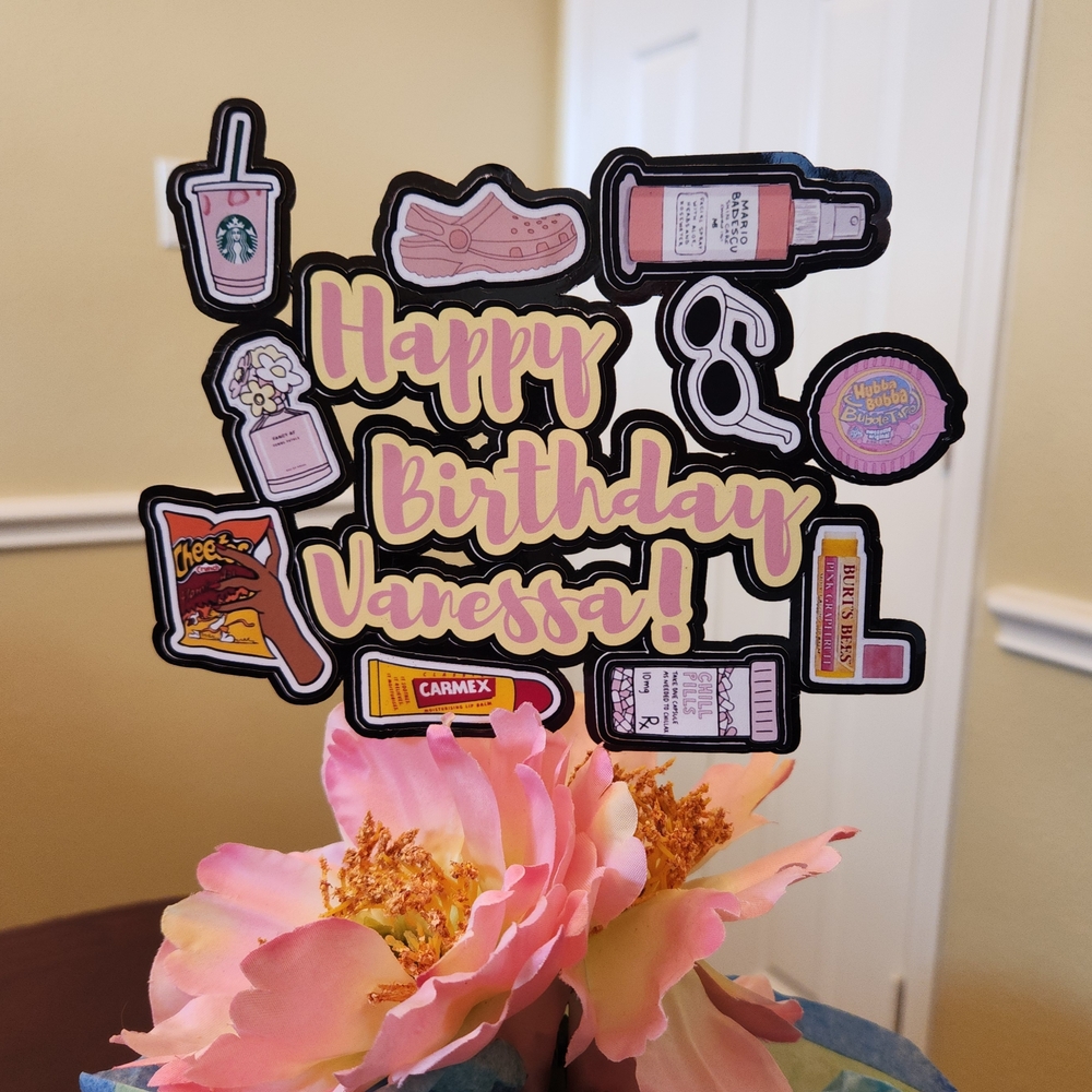 Trendy Happy Birthday Cake Topper with Pink and Black Design
